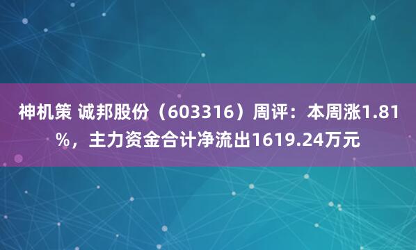 神机策 诚邦股份（603316）周评：本周涨1.81%，主力资金合计净流出1619.24万元